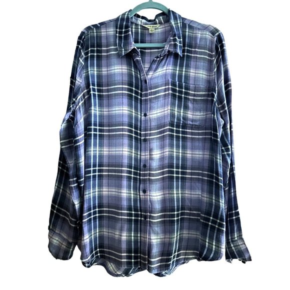 Lucky Brand women’s sz L purple blue plaid button front pocket long sleeve top - Picture 1 of 9